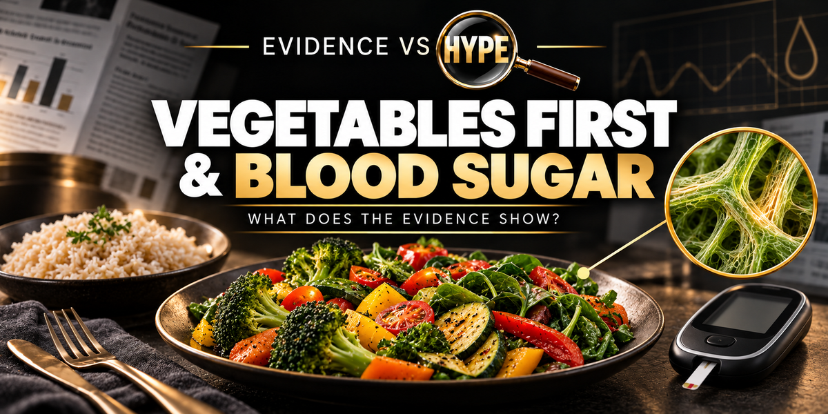 Vegetables and carbohydrate foods in a meal in the black, white and gold Evidence vs Hype featured image.