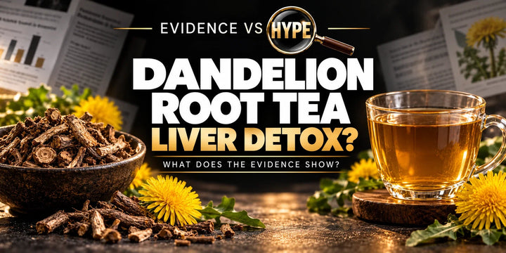Dried dandelion root, yellow flowers and amber herbal tea illustrate the liver-detox evidence check.