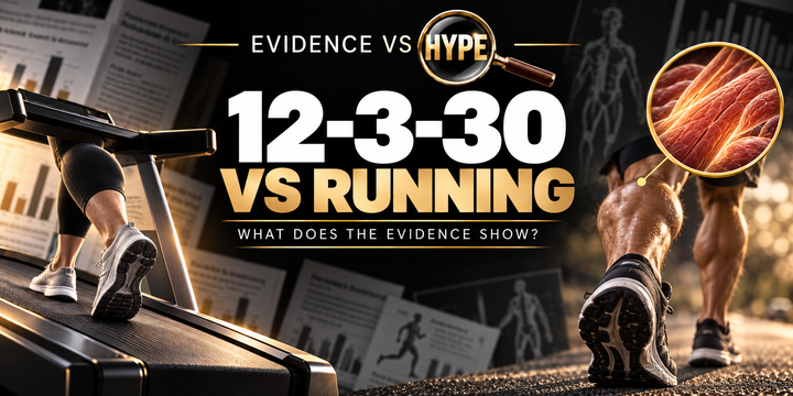 Incline treadmill workout imagery in the black, white and gold Evidence vs Hype featured image.