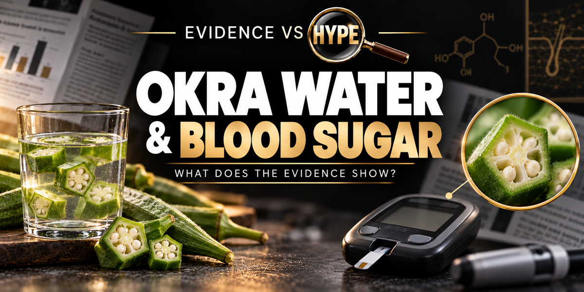 Okra pods and a glass of okra water in the black, white and gold Evidence vs Hype featured image.