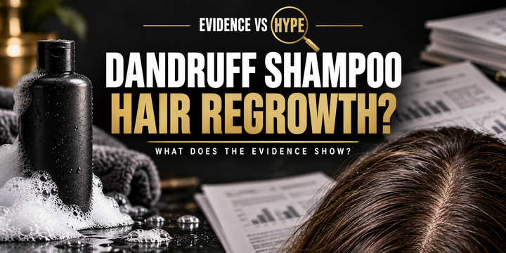 Evidence vs Hype anti-dandruff shampoo investigation artwork showing an unbranded shampoo bottle, lather and an adult hair parting.