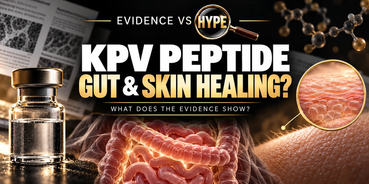 Evidence vs Hype conceptual artwork investigating KPV peptide, using subject-specific unbranded imagery.
