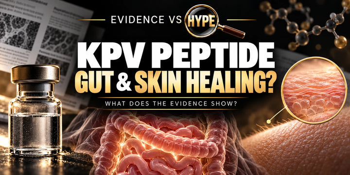 Evidence vs Hype conceptual artwork investigating KPV peptide, using subject-specific unbranded imagery.