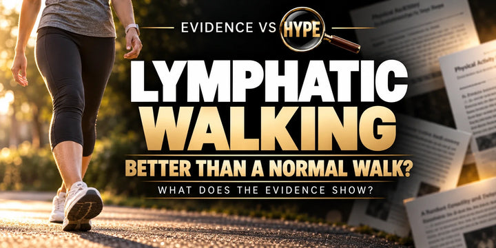 Evidence vs Hype lymphatic-walking artwork showing an adult walking with a relaxed arm swing, asking whether it beats a normal walk.