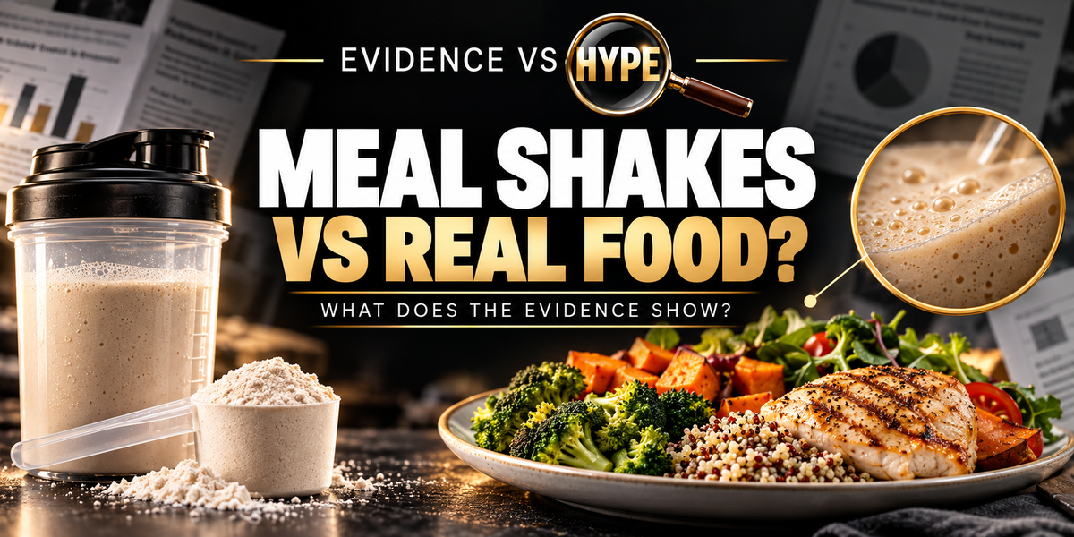 Evidence vs Hype: meal shakes versus real food, with a formulated shake beside a balanced conventional meal.