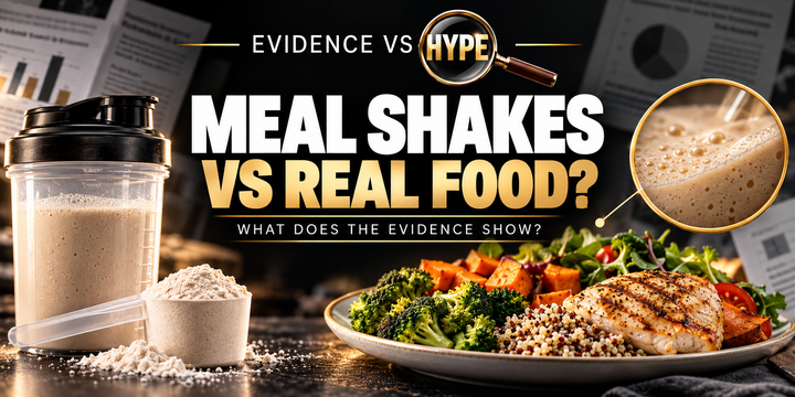 Evidence vs Hype: meal shakes versus real food, with a formulated shake beside a balanced conventional meal.