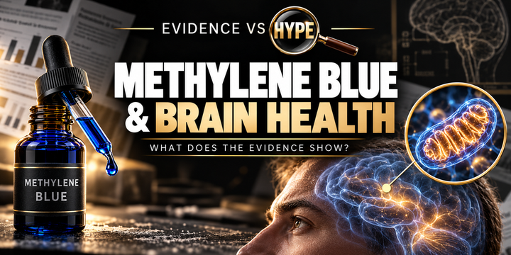 Evidence vs Hype methylene blue investigation, showing a blue dropper bottle, head profile and conceptual magnified mitochondrion.