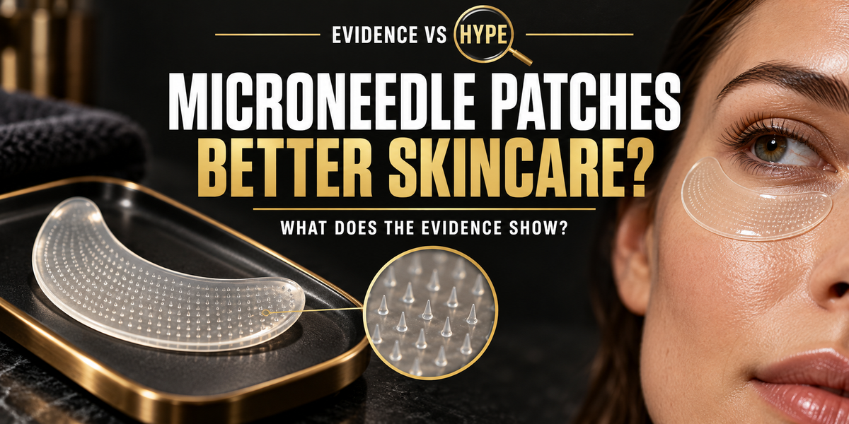 Evidence vs Hype microneedle patch artwork showing a cosmetic eye patch, an enlarged view of its tiny projections and a patch beneath an adult eye.