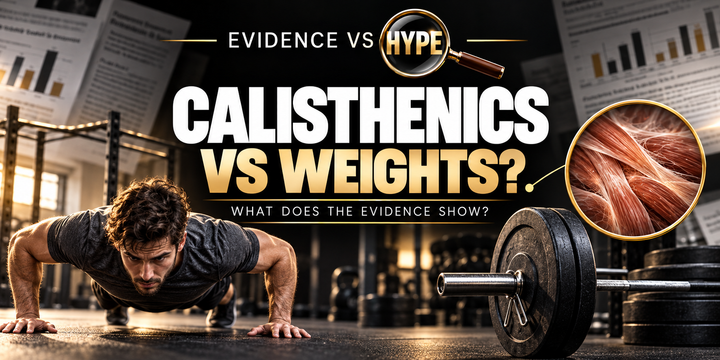 Evidence vs Hype: calisthenics versus weights, with a push-up, barbell and muscle inset.