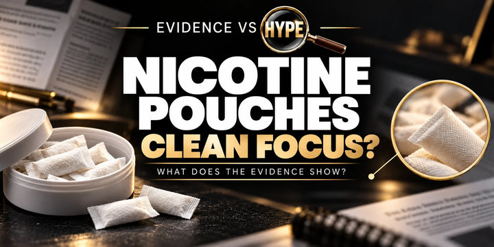 Questioning Evidence vs Hype editorial artwork of unbranded nicotine pouches asking about clean focus; no person using nicotine.