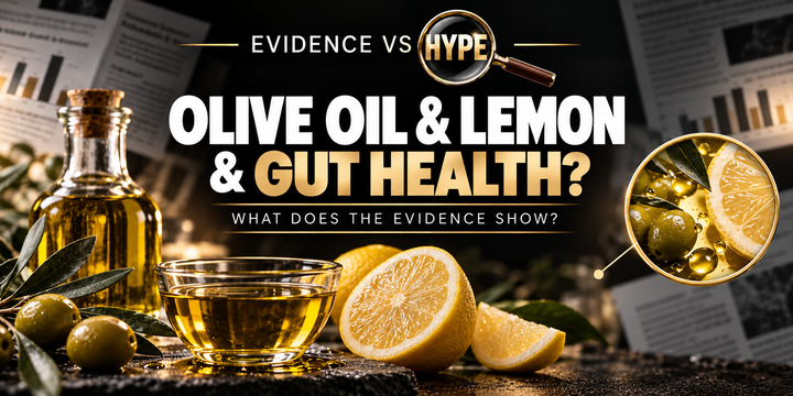 Evidence vs Hype: Do Olive Oil and Lemon Shots Really Improve Gut Health and Skin? Conceptual editorial illustration.