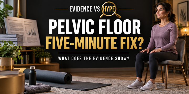 Evidence vs Hype pelvic floor investigation artwork showing a fully clothed woman seated on a chair beside an exercise mat; the scene does not demonstrate exercise technique.