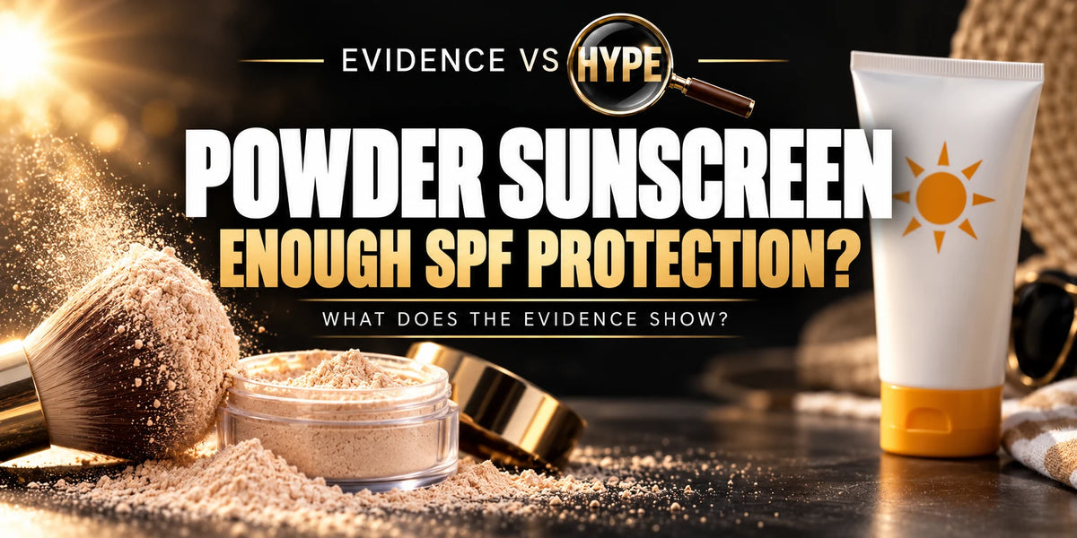 Evidence vs Hype conceptual artwork investigating powder sunscreen, using subject-specific unbranded imagery.