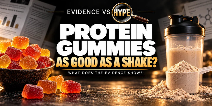 Unbranded protein-style gummies beside a protein powder scoop and plain shaker illustrate the comparison of protein sources and serving sizes.