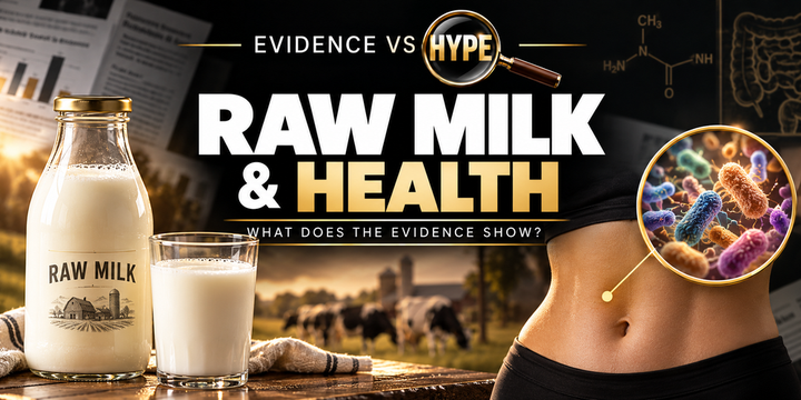 Evidence vs Hype raw milk investigation, showing a milk bottle and glass, abdomen and conceptual magnified microbes.