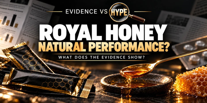 Unbranded honey sachets and a honey spoon illustrate the investigation into Royal Honey performance and safety claims.