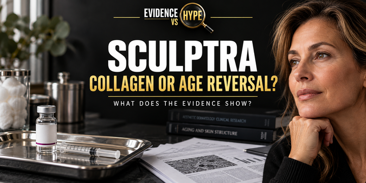 Evidence vs Hype Sculptra investigation artwork with a middle-aged woman and a clinical tray containing a generic vial and syringe; no treatment is being performed.