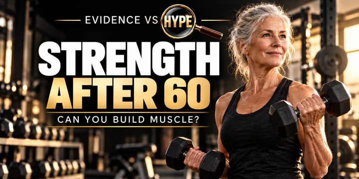 Evidence vs Hype conceptual artwork investigating build muscle after 60, using subject-specific unbranded imagery.