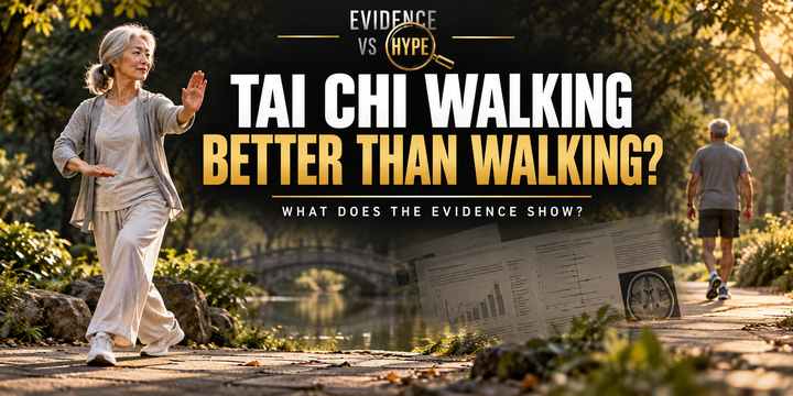 Evidence vs Hype tai chi walking artwork with an older adult practising a slow step and another adult walking in a park.