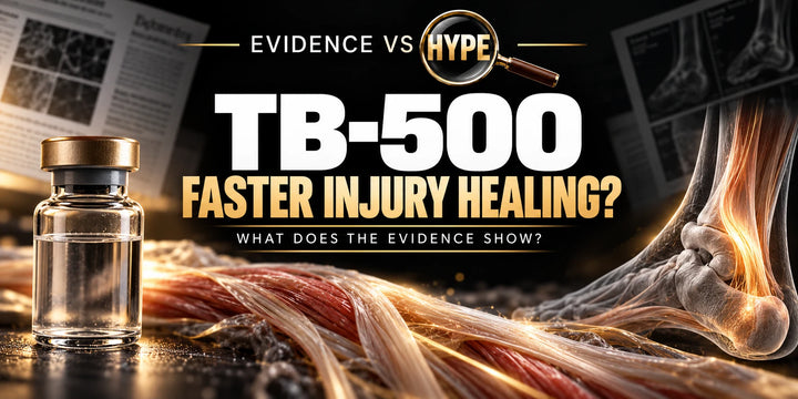 Evidence vs Hype conceptual artwork investigating TB-500, using subject-specific unbranded imagery.