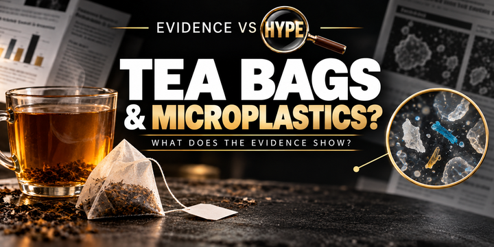 Evidence vs Hype: Are Plastic Tea Bags Releasing Dangerous Microplastics Into Your Body? Conceptual editorial illustration.