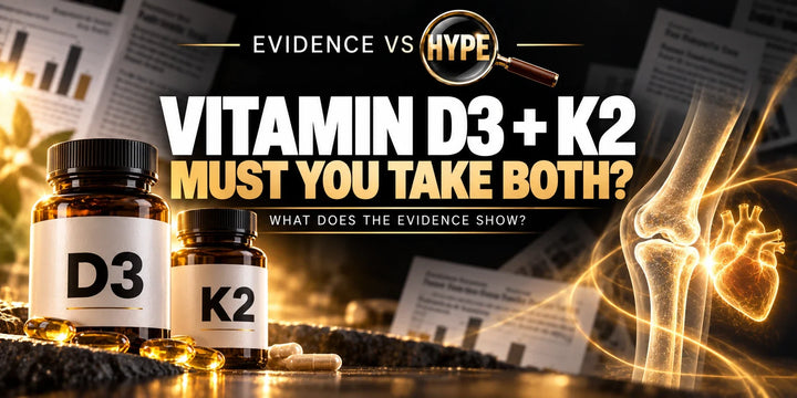 Vitamin D3 and K2 bottles with conceptual bone and heart motifs in the Evidence vs Hype design.
