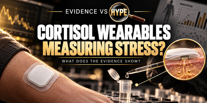 Evidence vs Hype conceptual artwork investigating wearable cortisol sensor, using subject-specific unbranded imagery.