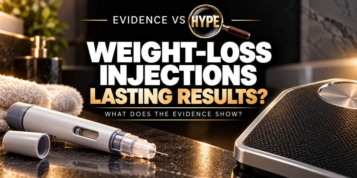 Evidence vs Hype conceptual artwork investigating weight loss injections, using subject-specific unbranded imagery.