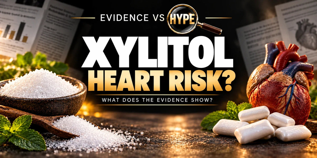 White sweetener crystals, unbranded chewing gum and an anatomical heart model illustrate the xylitol cardiovascular-risk investigation.