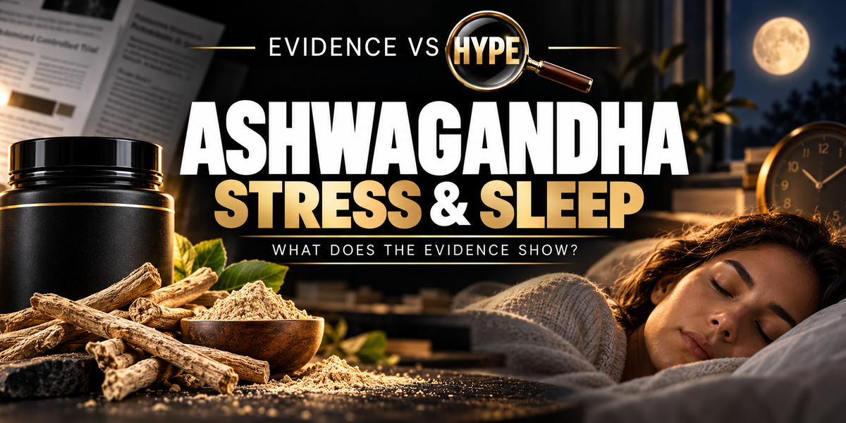 Black, white and gold Evidence vs Hype artwork of ashwagandha roots, an unbranded supplement jar and a resting adult; stress and sleep claims are being investigated.