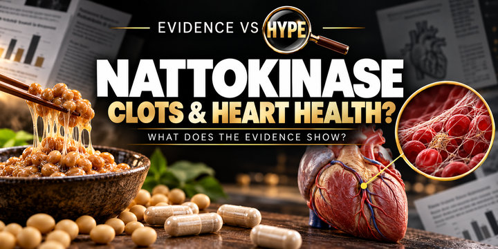 Evidence vs Hype nattokinase artwork with fermented natto and a heart; a conceptual fibrin inset illustrates clot-related claims without showing a clot being dissolved.