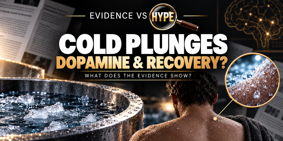 Evidence vs Hype cold-plunge artwork with a water tub and an adult seen from behind; a conceptual skin-and-water inset illustrates dopamine and recovery claims.