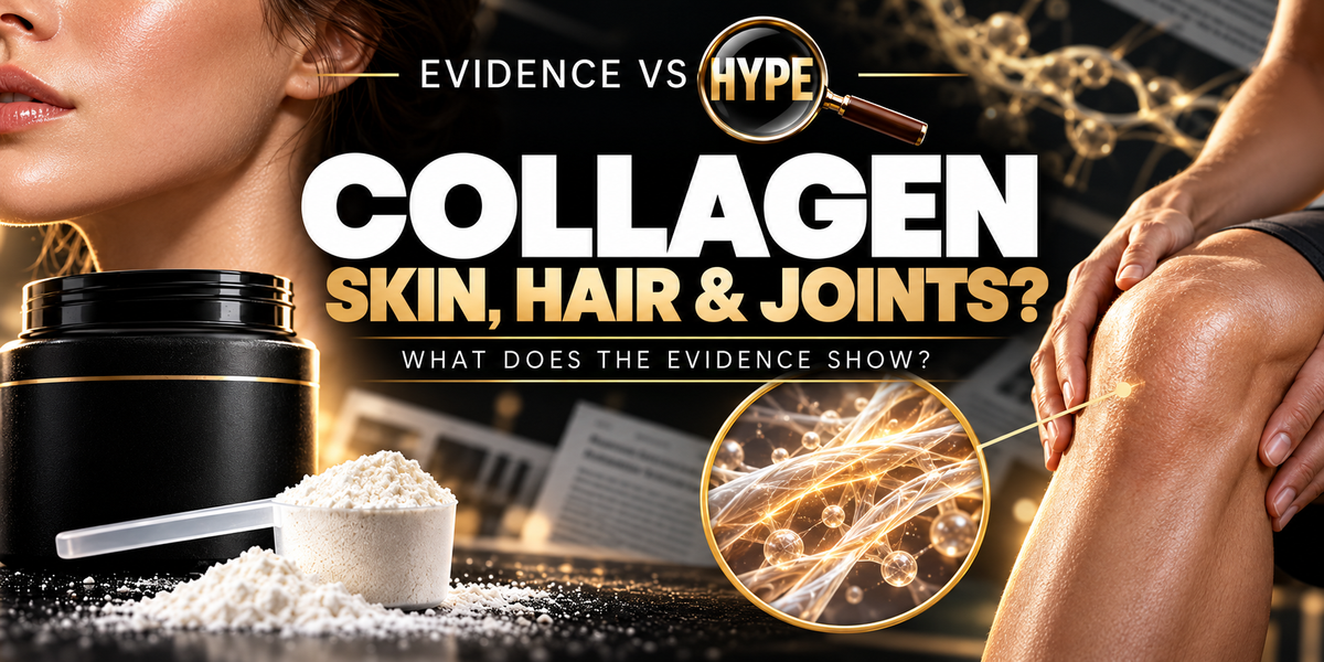 Evidence vs Hype collagen artwork with an unbranded powder jar, adult cheek and knee; a conceptual connective-tissue inset illustrates skin, hair and joint claims.