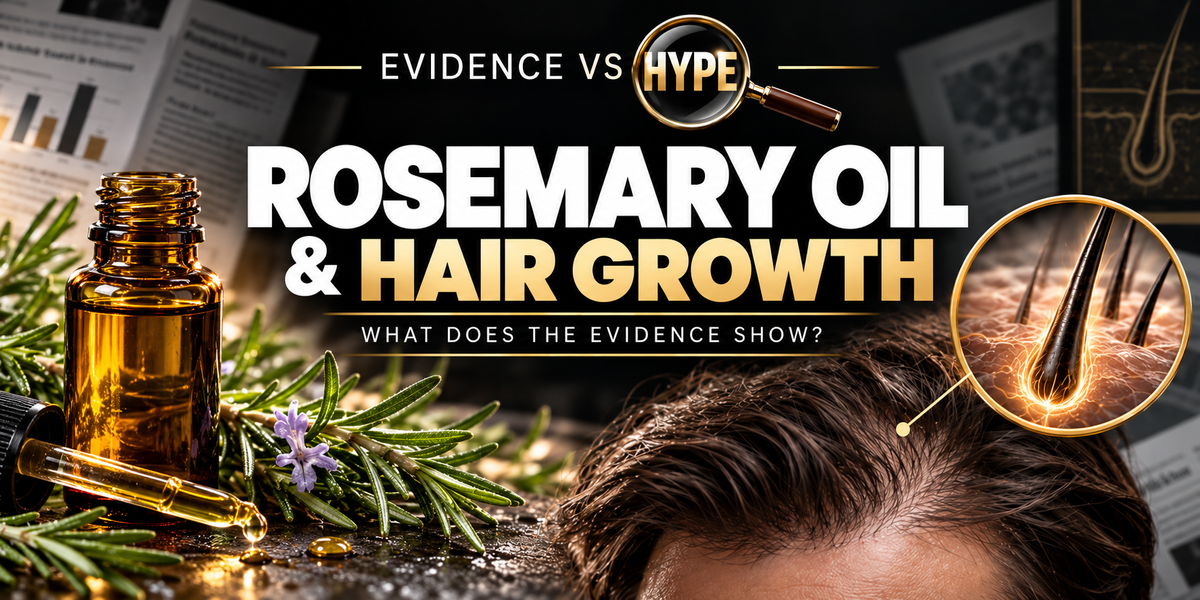 Evidence vs Hype rosemary-oil artwork with rosemary sprigs, an amber bottle and scalp hair; the conceptual follicle inset illustrates a claim under investigation.