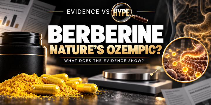 Evidence vs Hype berberine artwork with capsules, an unbranded jar and a weighing scale; a conceptual metabolic inset accompanies the Nature’s Ozempic question.