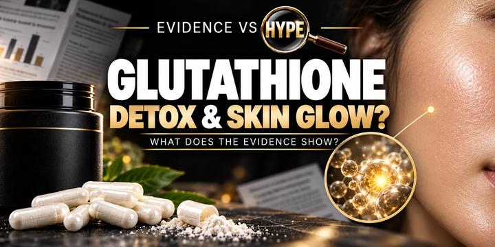 Evidence vs Hype glutathione artwork with an unbranded supplement jar and skin profile; conceptual antioxidant imagery illustrates detox, immunity and skin claims being investigated.