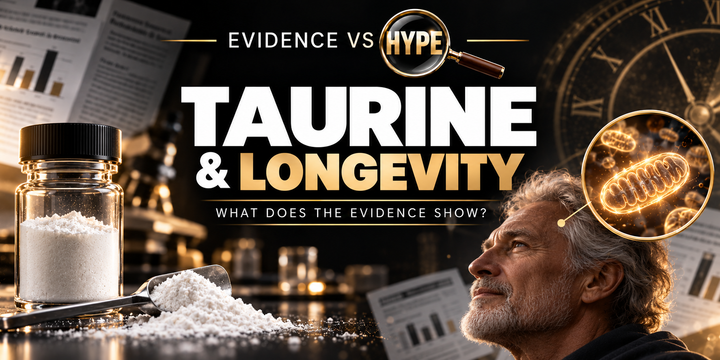 Black, white and gold editorial illustration exploring taurine and ageing with scientific papers and a conceptual cellular magnification; not a promise of lifespan extension.