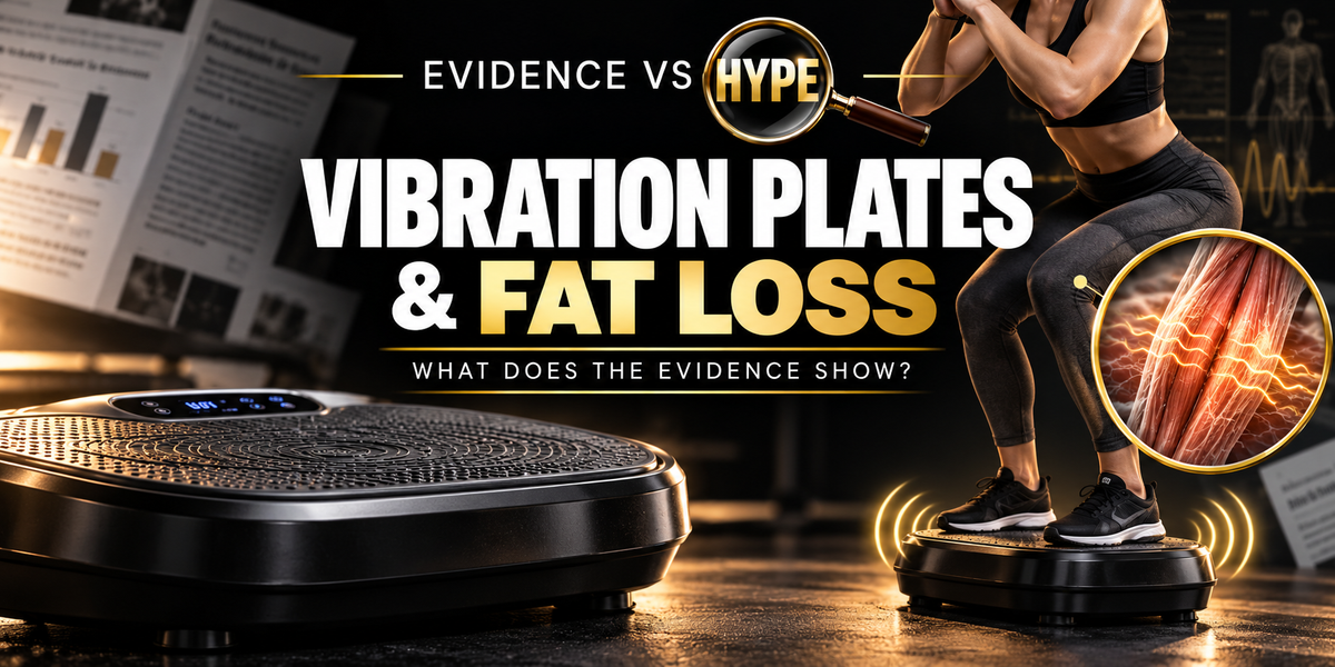 Evidence vs Hype illustration of a vibration platform, an exercising figure and conceptual muscle research in black, white and gold.