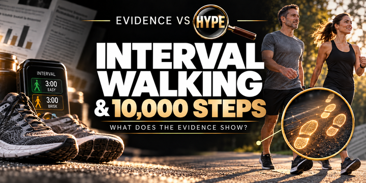 Black, white and gold illustration of easy and brisk walking, shoes and a timer, representing interval walking without cultural stereotypes.