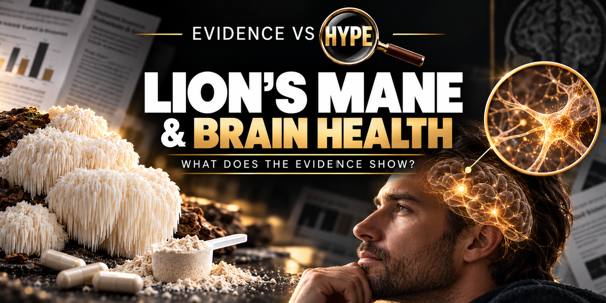 Evidence vs Hype lion’s mane artwork with mushrooms, an unbranded supplement jar and an adult profile; a conceptual neural inset illustrates focus and memory claims.