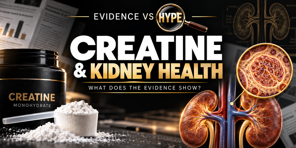 Evidence vs Hype — Creatine and kidney health: powder and an anatomical kidney model with conceptual renal-tissue magnification.
