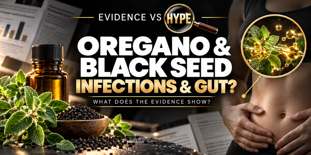 Evidence vs Hype oregano and black seed oil artwork with herbs, seeds, an amber bottle and an adult abdomen; a conceptual plant-compound inset illustrates claims under investigation.