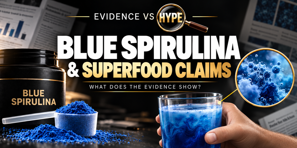 Evidence vs Hype blue spirulina investigation, with blue powder, drink and conceptual magnified pigment particles.