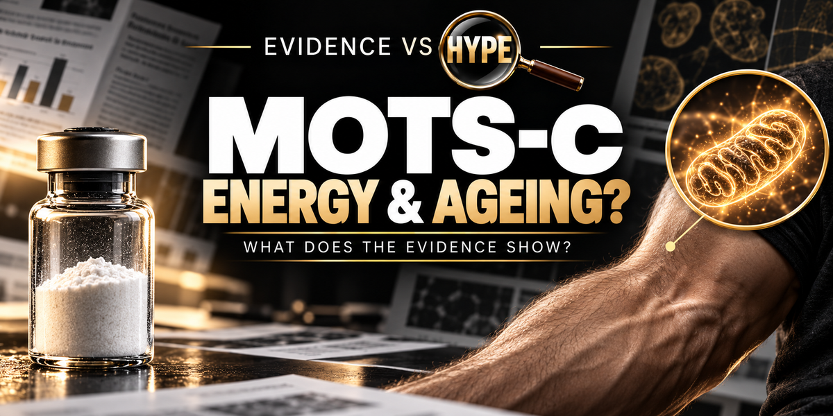 Evidence vs Hype MOTS-c artwork with an unbranded research vial and an adult forearm; a conceptual mitochondrial inset illustrates energy and ageing claims without demonstrated rejuvenation.