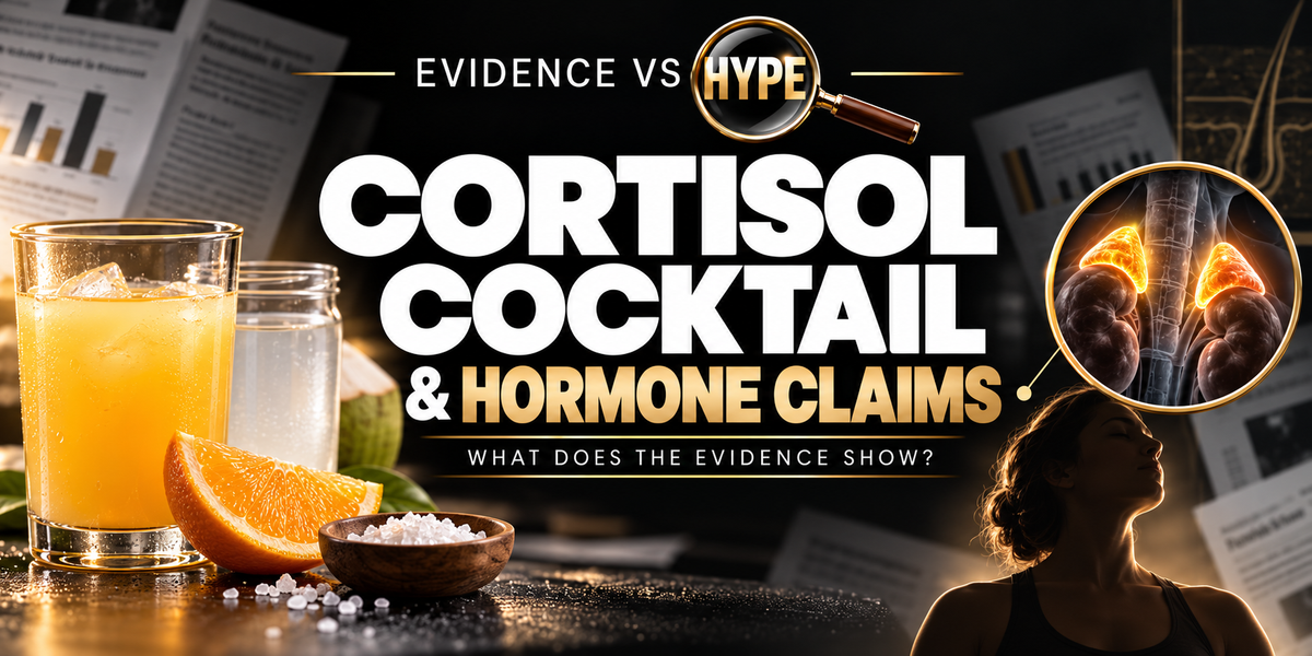Evidence vs Hype artwork of orange juice, coconut water and salt beside a resting adult and conceptual adrenal inset; hormone claims are being investigated.