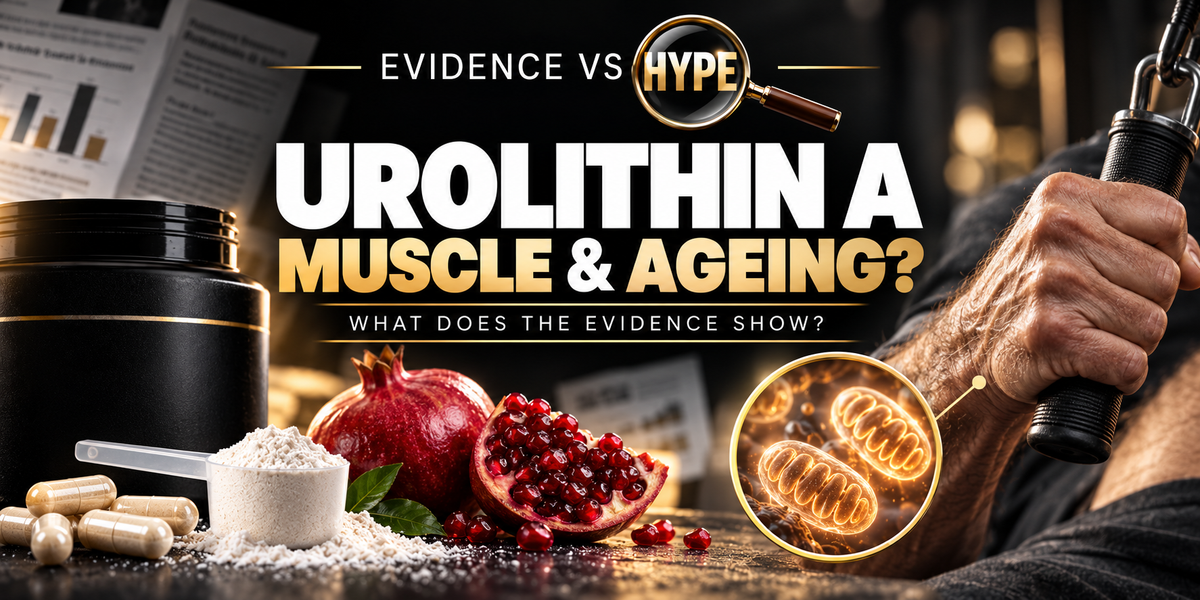 Evidence vs Hype urolithin A artwork with pomegranate, an unbranded supplement jar and an older adult hand; a conceptual mitochondrial inset illustrates muscle and ageing claims.