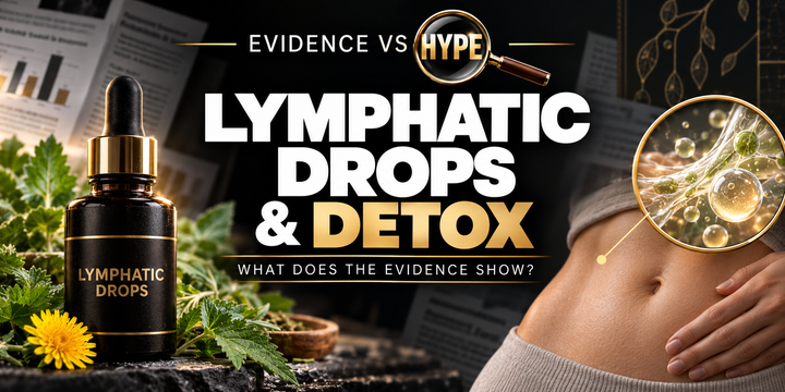 Evidence vs Hype lymphatic drops investigation, with herbal dropper bottle, abdomen and conceptual magnified fluid droplets.