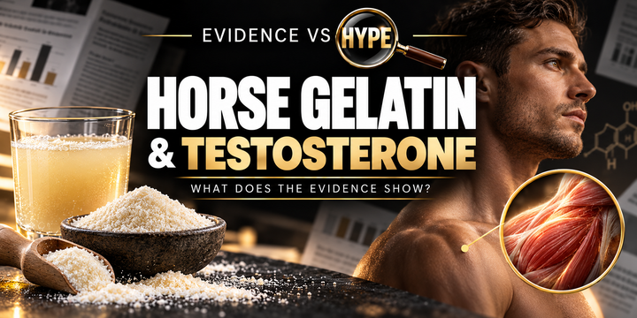 Evidence vs Hype horse-gelatin investigation artwork with gelatin powder, a drink and an adult male profile; a conceptual muscle inset illustrates the claim without demonstrating enhancement.