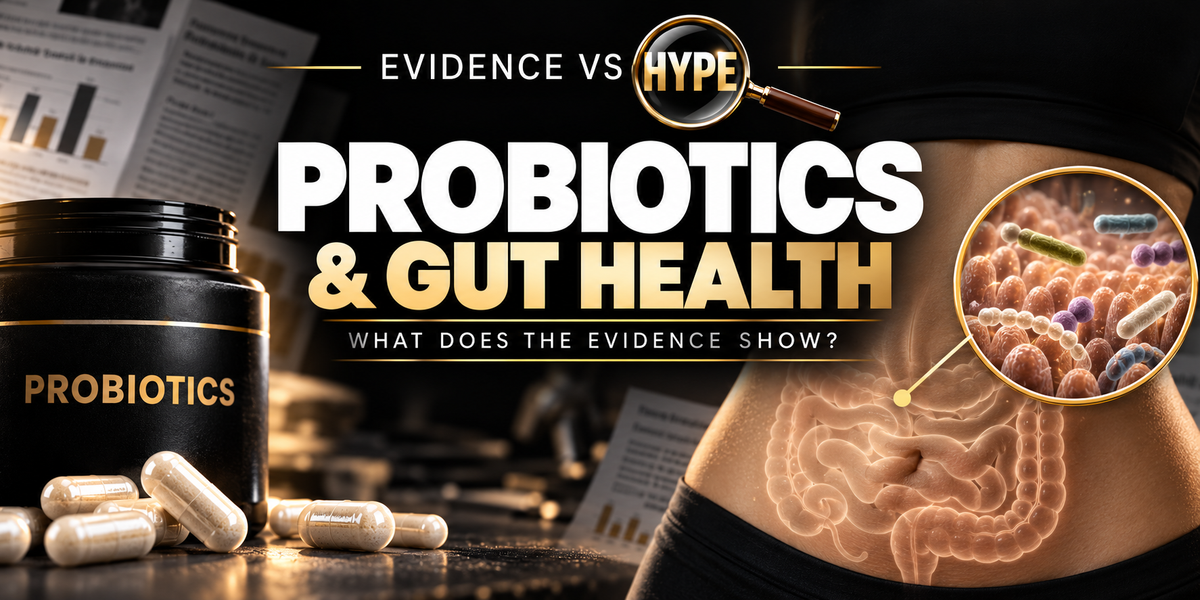 Evidence vs Hype probiotics and gut-health investigation, with capsules, abdomen and a conceptual magnified intestinal microbiome.