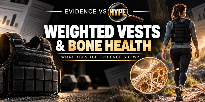 Evidence vs Hype illustration of a weighted vest, a walking adult and a conceptual bone inset; bone-health benefits are being investigated.